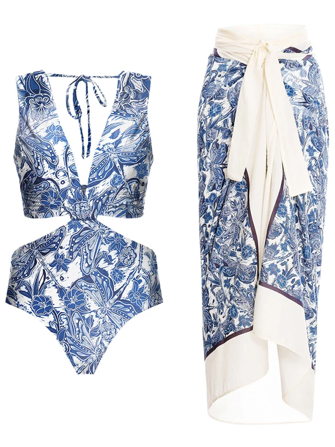 

Vintage Bathing Suit floral-print Deep-v Beachwear Sexy Lace Up Cutout Backless Bikini One-pieces Beach Dress Swimming Biquini