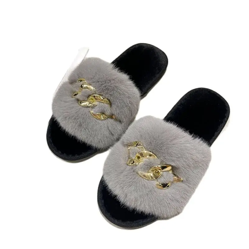 A Word Slippers 2022 New Female Fur Flat Bottom Slippers Hair Open Cotton Slippers Fur Slippers Versatile Slippers Warm Slippers
