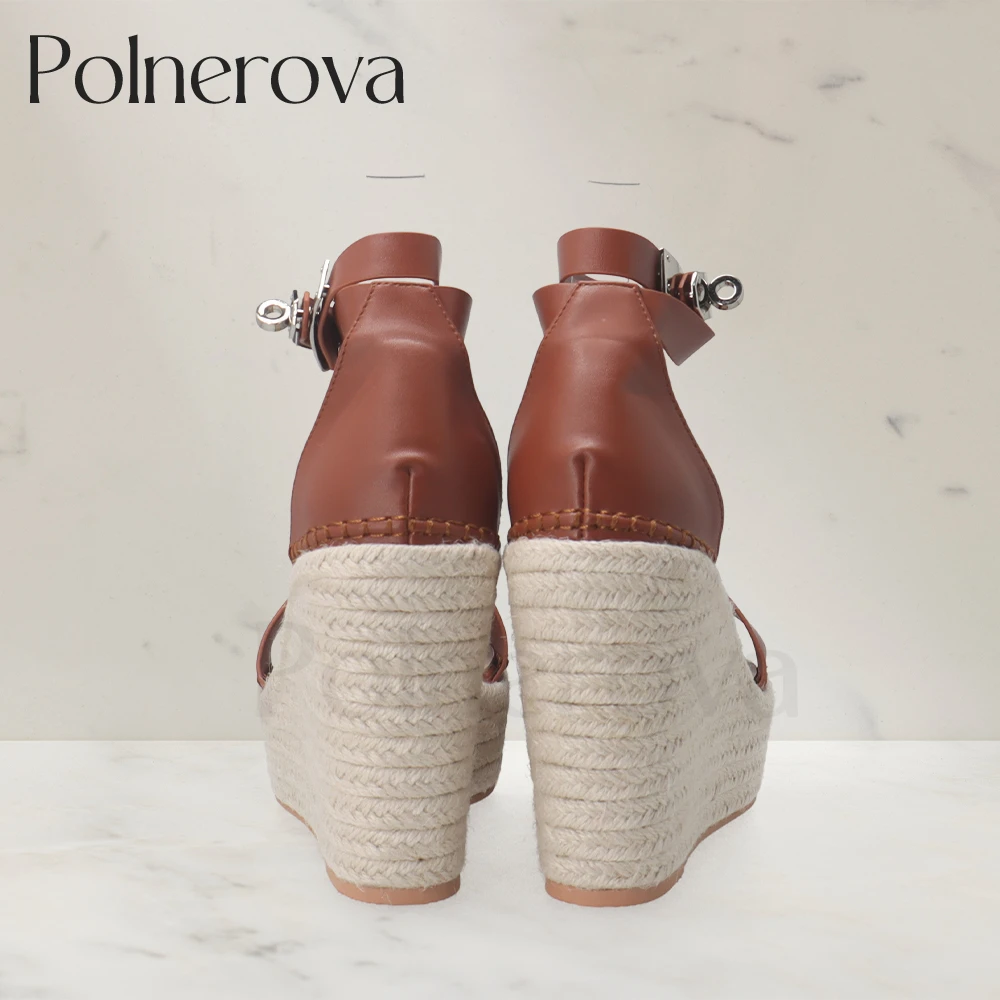 Designer Concise Style Espadrilles Solid Color Leather Wedge Sandals Metallic Buckle Platform Summer Shoes Custom Color Sandals