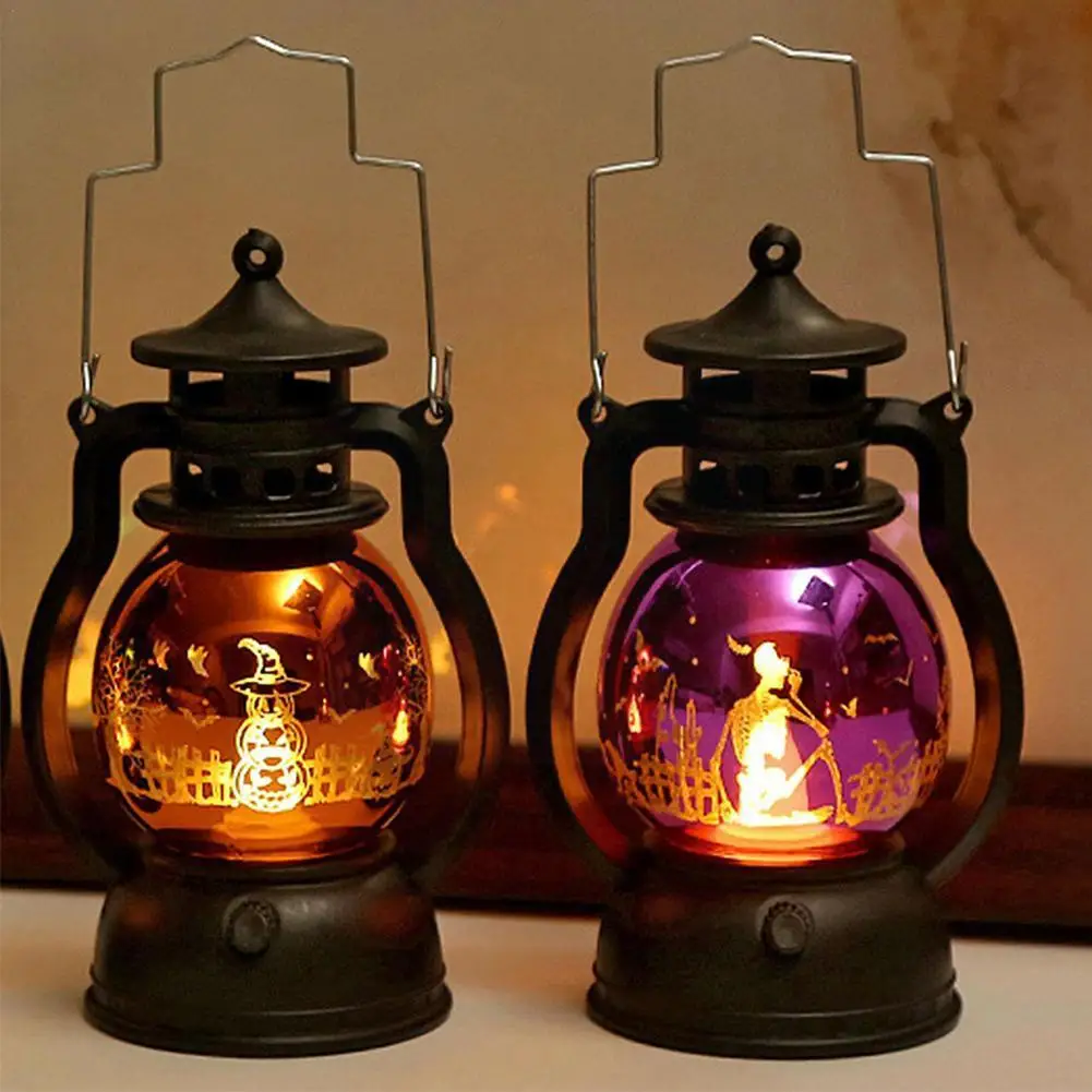 

New Halloween Pumpkin Lantern Decoration Small Oil Pumpkin Lamp Vintage Ghost Lantern LED Lamp Hanging Witch Castle V0G4