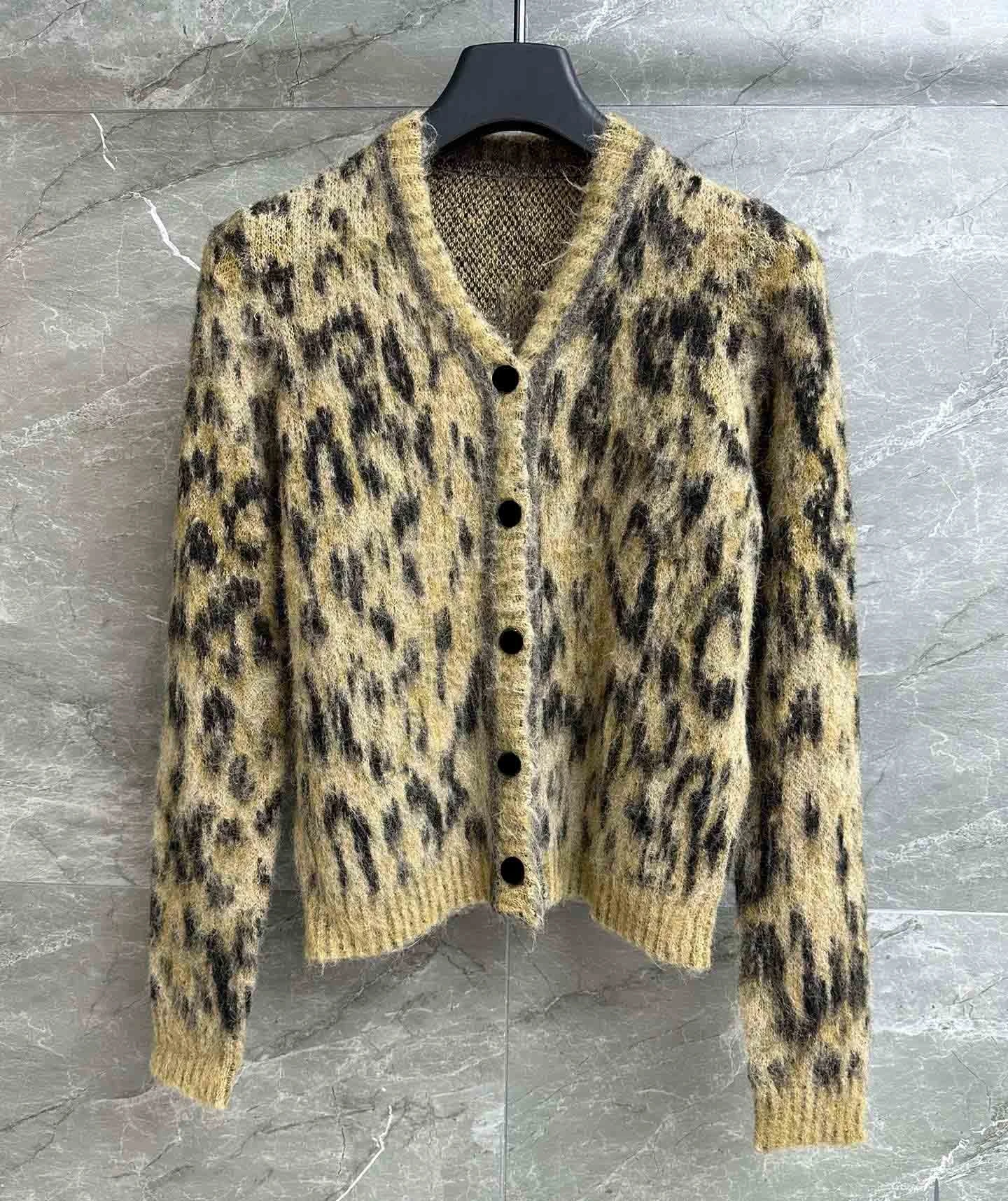 

high quality 2023 autumn winter women leopard cardigan v-neck single breasted mohair wool sweaters