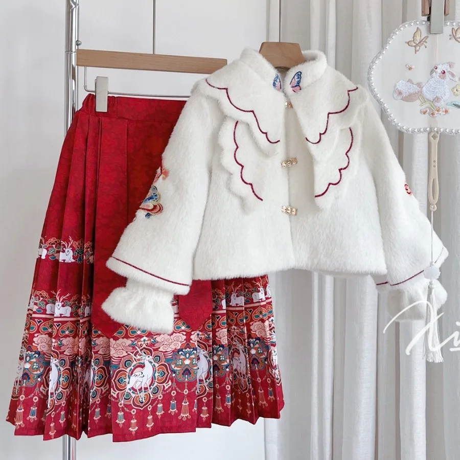

Детское шерстяное пальто и юбка в стиле ретро, Современная китайская традиция ханьфу для выступлений и танцев, Детская Новогодняя одежда