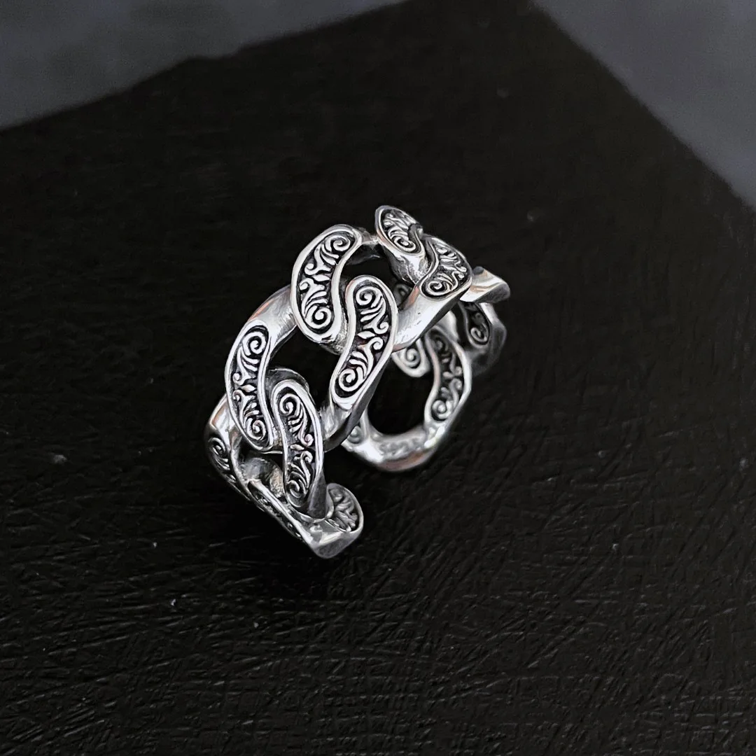 

Vintage Fashion Personality Totem Tangcao Embossed Chain Open Ring Unisex Silver Color Index Finger Ring Banquet Jewelry