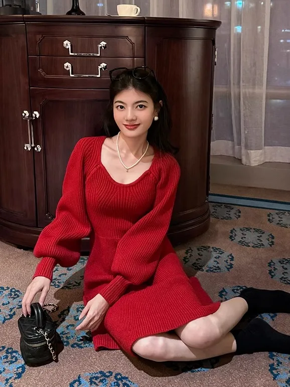 Малуань Рождество Новый год помолвка красное платье свитер зимняя вязаная юбка