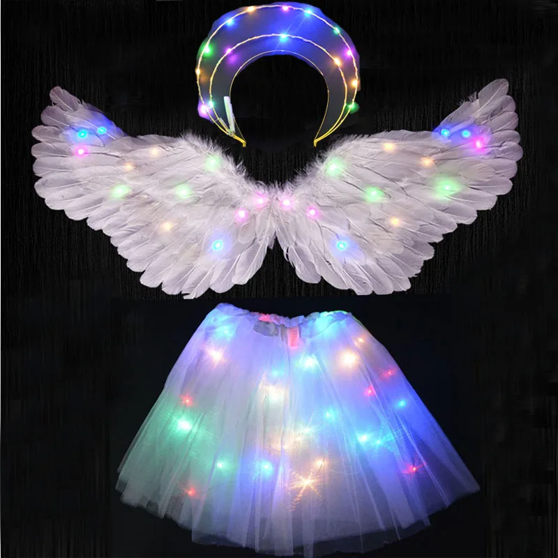 Women Girl Light Up  Angel Halo White Feather Wing Costume Gift  Birthday Glow Crown Party Christmas Halloween Cosplay Wedding