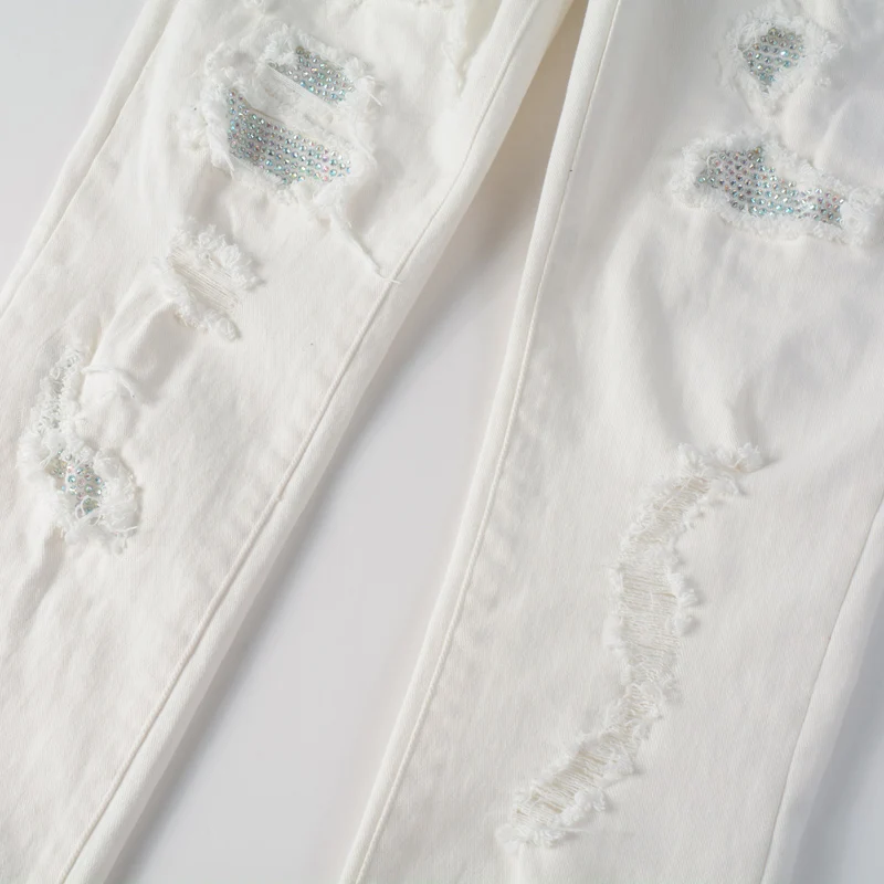 Streetwear Fashion Men Jeans White Color Stretch Slim Ripped Jeans Men Hole Trousers Patch Designer Hip Hop Brand Pants Hombre