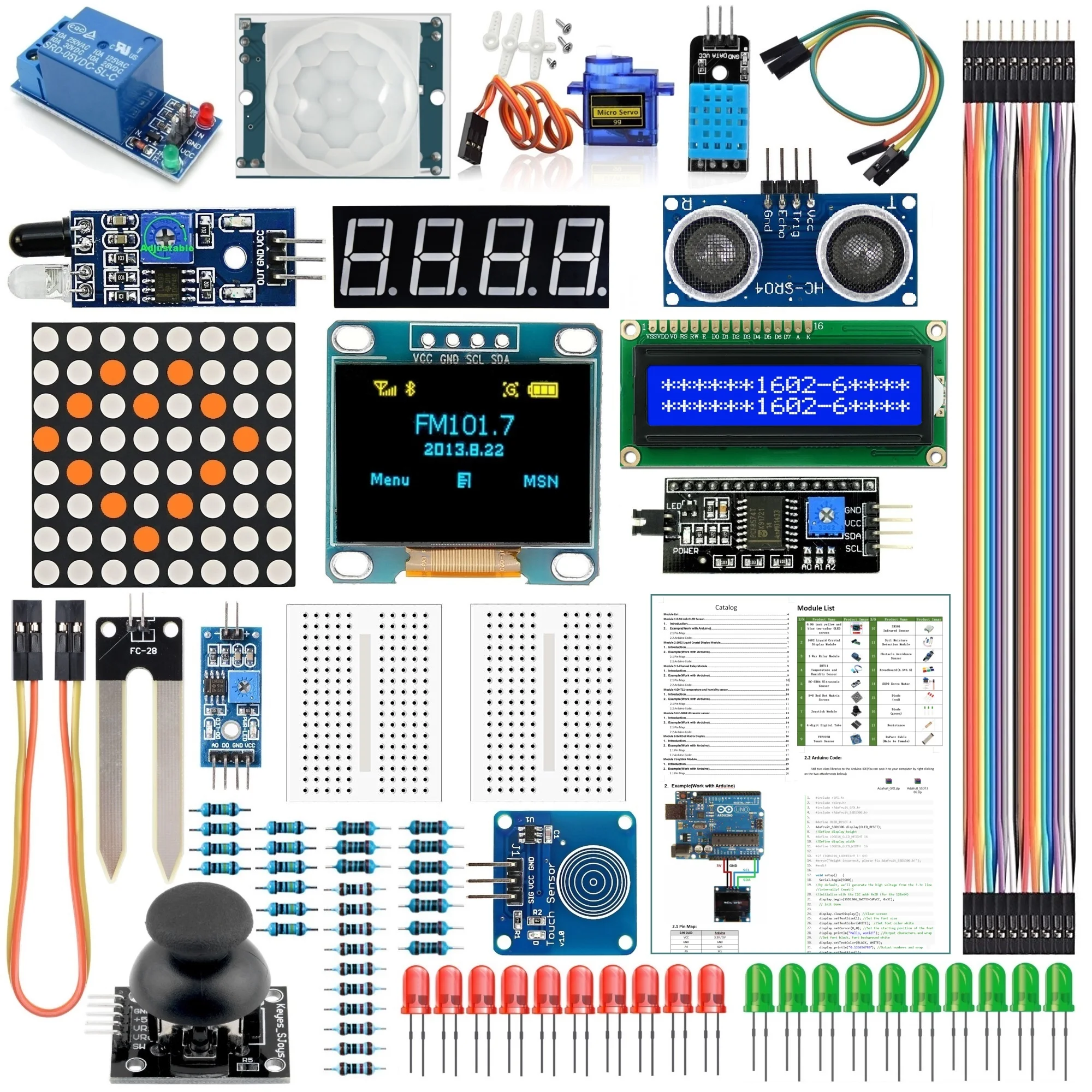 Модуль датчика Arduino с ЖК-дисплеем 0,96 дюйма OLED 1602, реле, серводвигатель, DHT11 для запуска (Инструкция на английском языке)