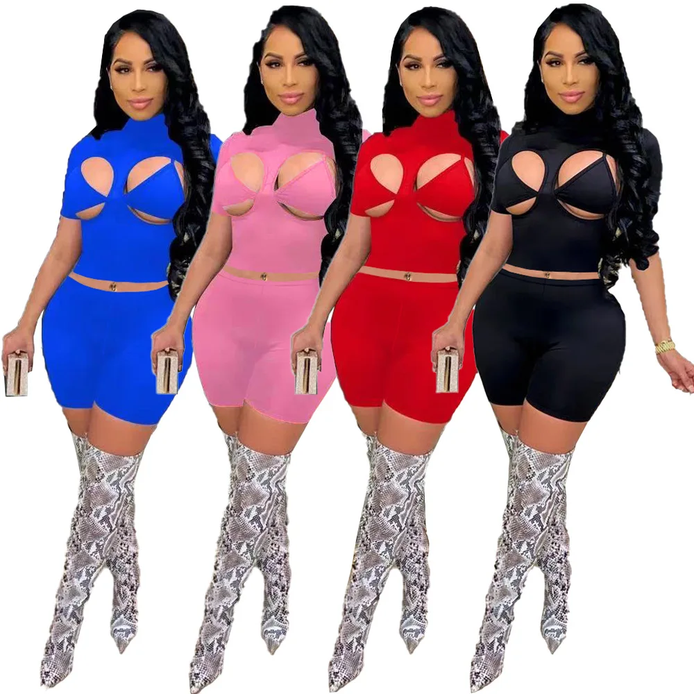 

Women Summer O Neck T Shirt Bandage Bra Crop Top + Biker Shorts Club Tracksuit Women Outfits Outwear Sexy Cut Out 3 Piece Set