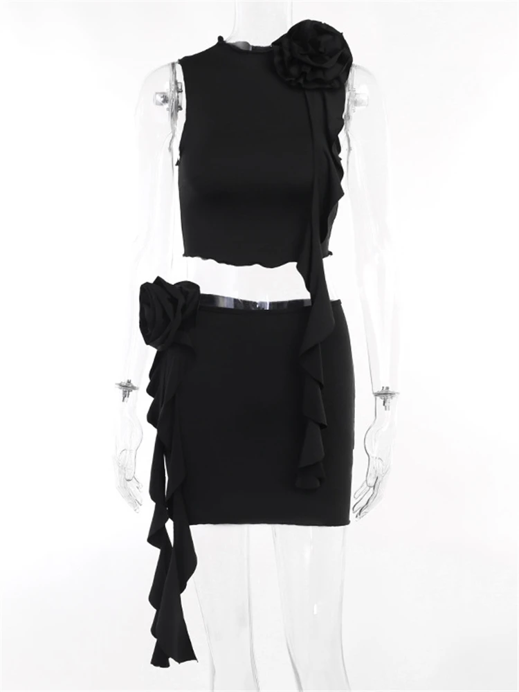 Женский новый комплект из 2-х предметов с рюшами и аппликацией укороченный топ