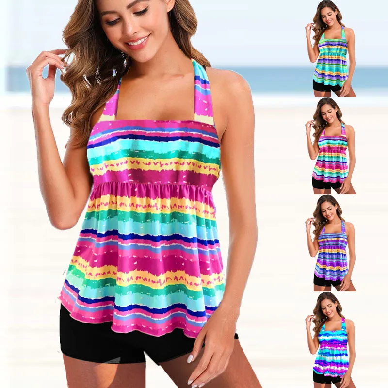 

New 2022 Plus Size Swimwear Women Two Piece Tankini Swimsuits Stripe Print Monokini Set Swim Wear Summer Bathing Suit 5XL