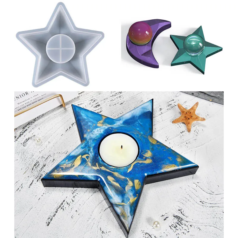 Tealight Candle Holder Molds Large Star Moon Silicone Molds for Epoxy Resin Casting DIY Candlestick Candle Holders Crafts