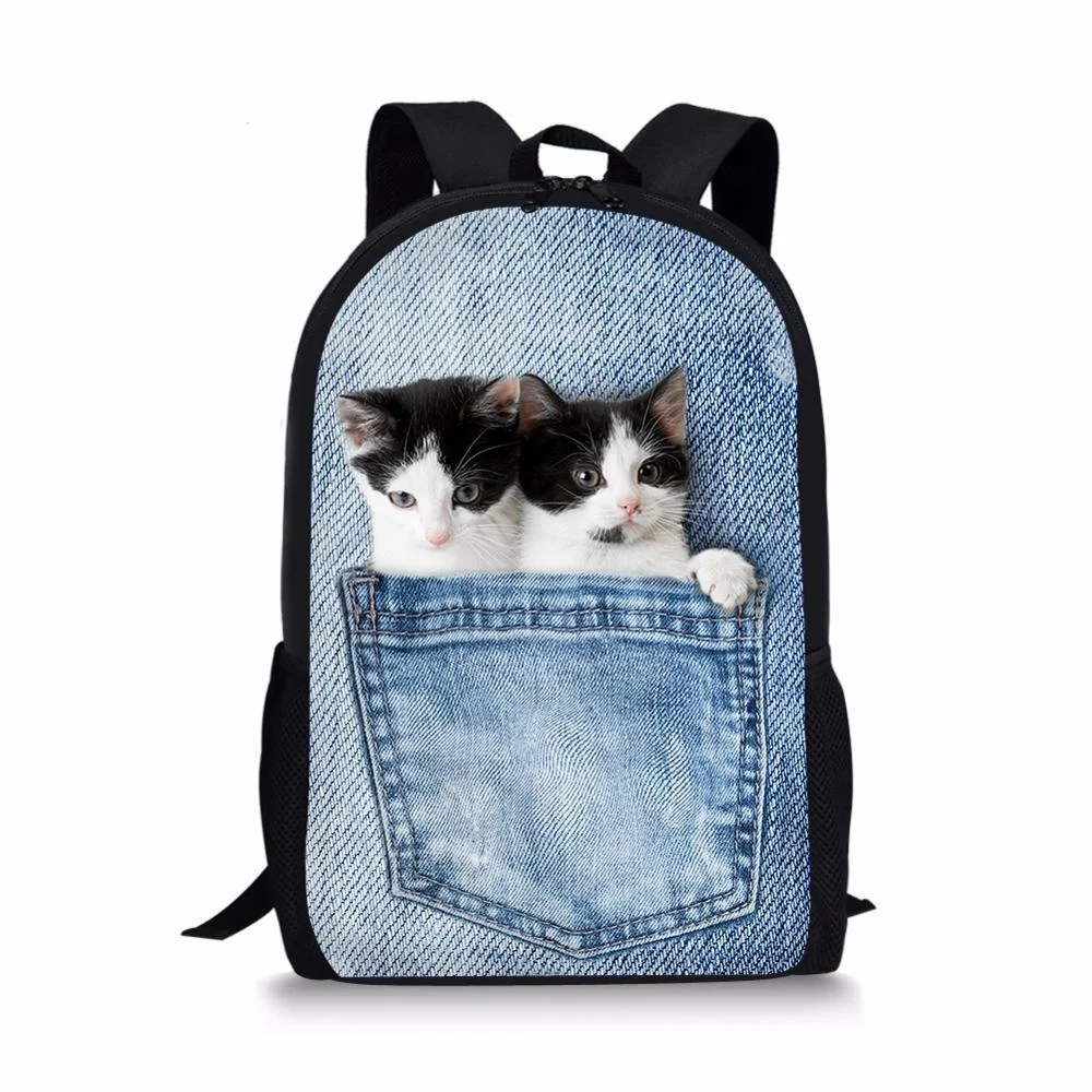 

Jeans Cat Custom Pattern Men Women Backpack Leisure Female Sports Backpack mochila feminina Lightweight Students School Bag