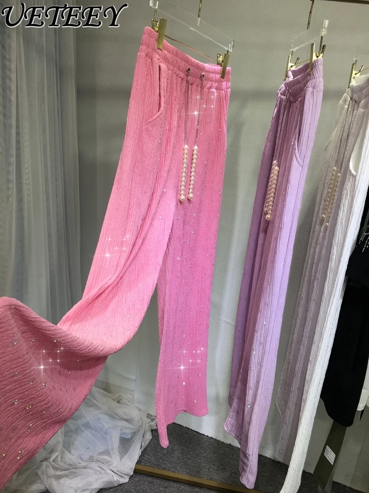 

Heavy Embroidery Hot Drilling Casual Pants Women 2023 New Summer Autumn Trousers Loose Slim Fit Sweet Pink Wide Leg Mop Pants