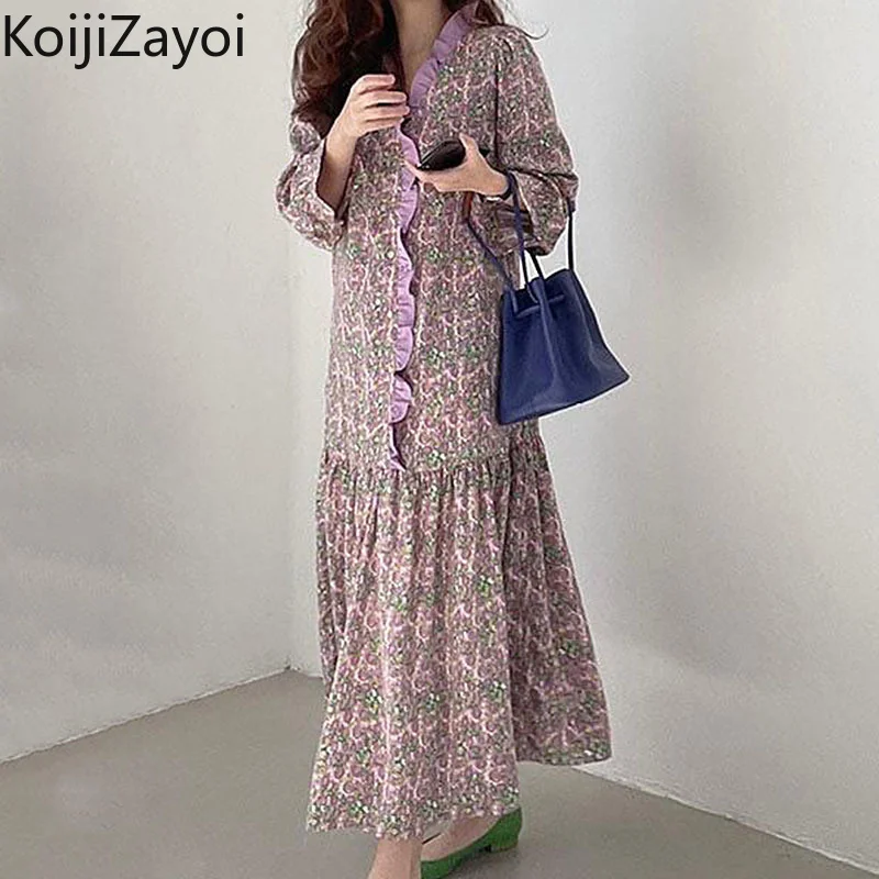 

Koijizayoi Spring Autumn Women Maxi Ruffled Dress Long Sleeves V Neck Vintage Dresses Chic Koean 2022 New Slim Holiday Vestidos