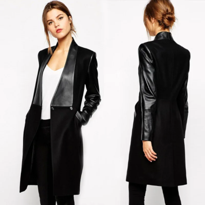 

2021 Spring Autumn New PU Leather Jacket Women Cardigan Trench Coat In Long Stitching Slim Fashion Loose Female Overcoats