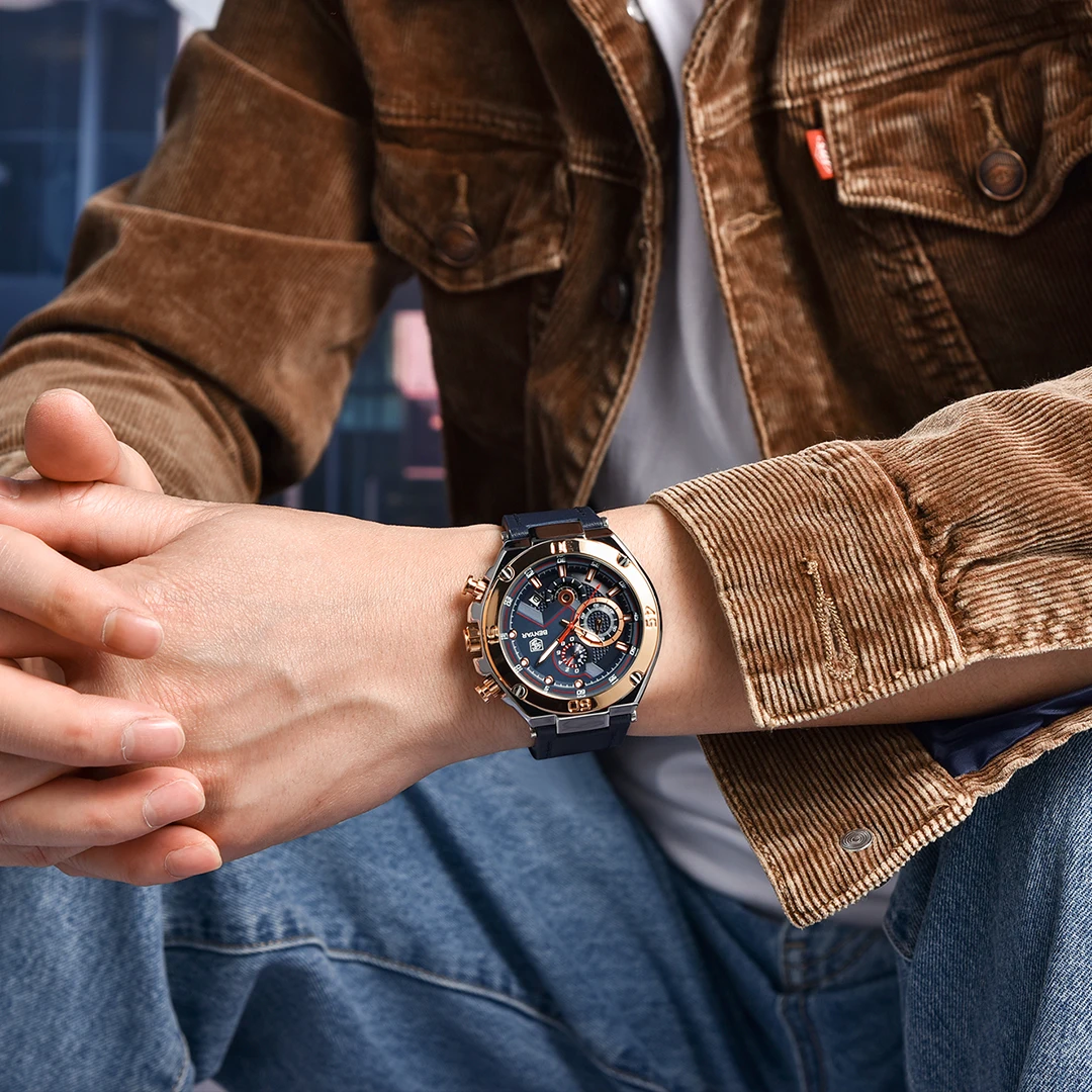 Часы BENYAR Мужские кварцевые с кожаным ремешком спортивные повседневные наручные