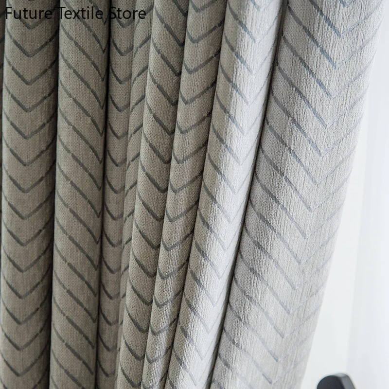 Simple Light Luxury Striped Blackout Thickened Gray Floor-to-ceiling Curtains For Living Room Bedroom Dining Room French Style