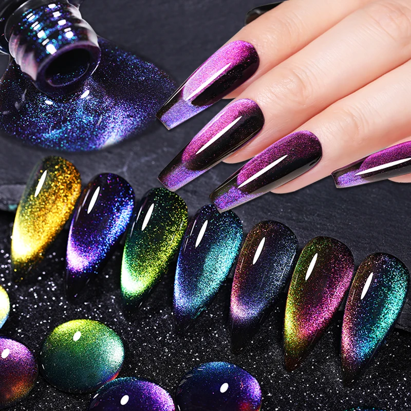 LILYCUTE Purple 9D Cat Magnetic Gel Nail Polish Flowing Rainbow Reflective Semi-Permanent Soak Off UV LED Gel Nail Varnish