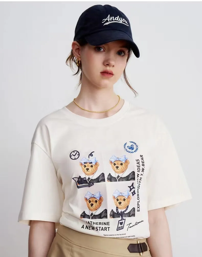 

RL Bear Print Fashion Women Tees Summer Short Sleeves Lady T-Shirt Tops