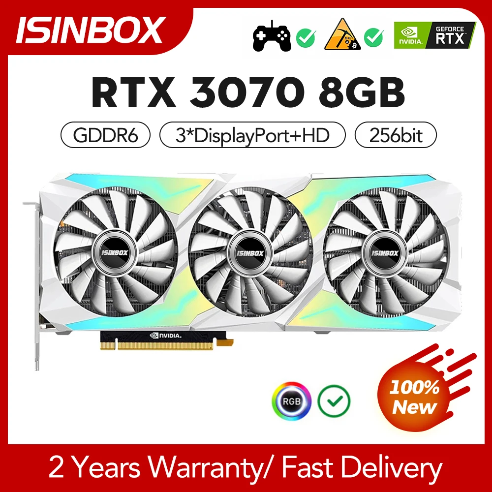 

Видеокарта ISINBOX RTX 3070, 8 ГБ, RGB PCI-E 4,0 X16 GDDR6 256Bit 3 DP HD, видеокарты для игр NVIDIA GeForce RTX3070 8G