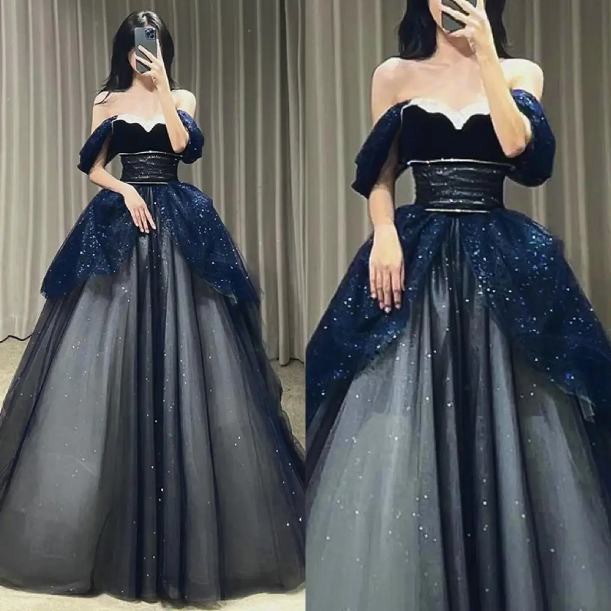 

14951#IENA Navy Blue Evening Dress Sequined Empire Off Shoulder Fashion Bling Princess Sexy Luxury Tulle Wedding Party Prom Gown