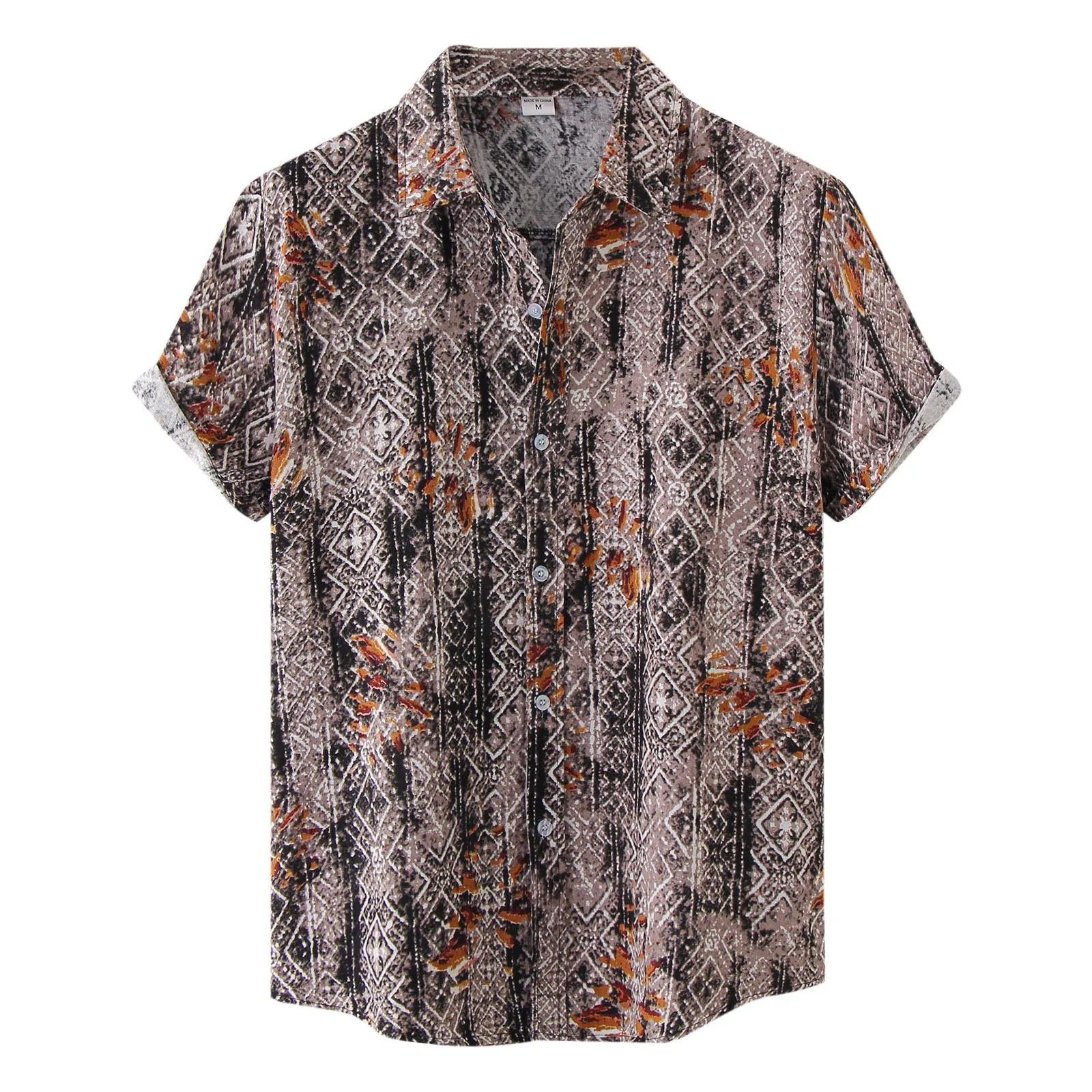 

Male Summer Casual Geometric Print Shirt Short Sleeve Turn Down Collar Shirt Sleeve Tee