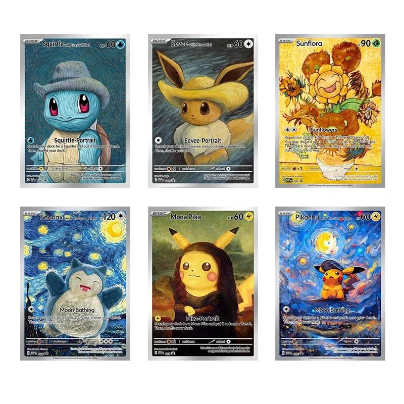 

Anime Pokemon Card Van Gogh Museum Pikachu Grey Felt Hat Eevee Charizard Mona Pika DIY Collection Cards Toy Christmas Gift