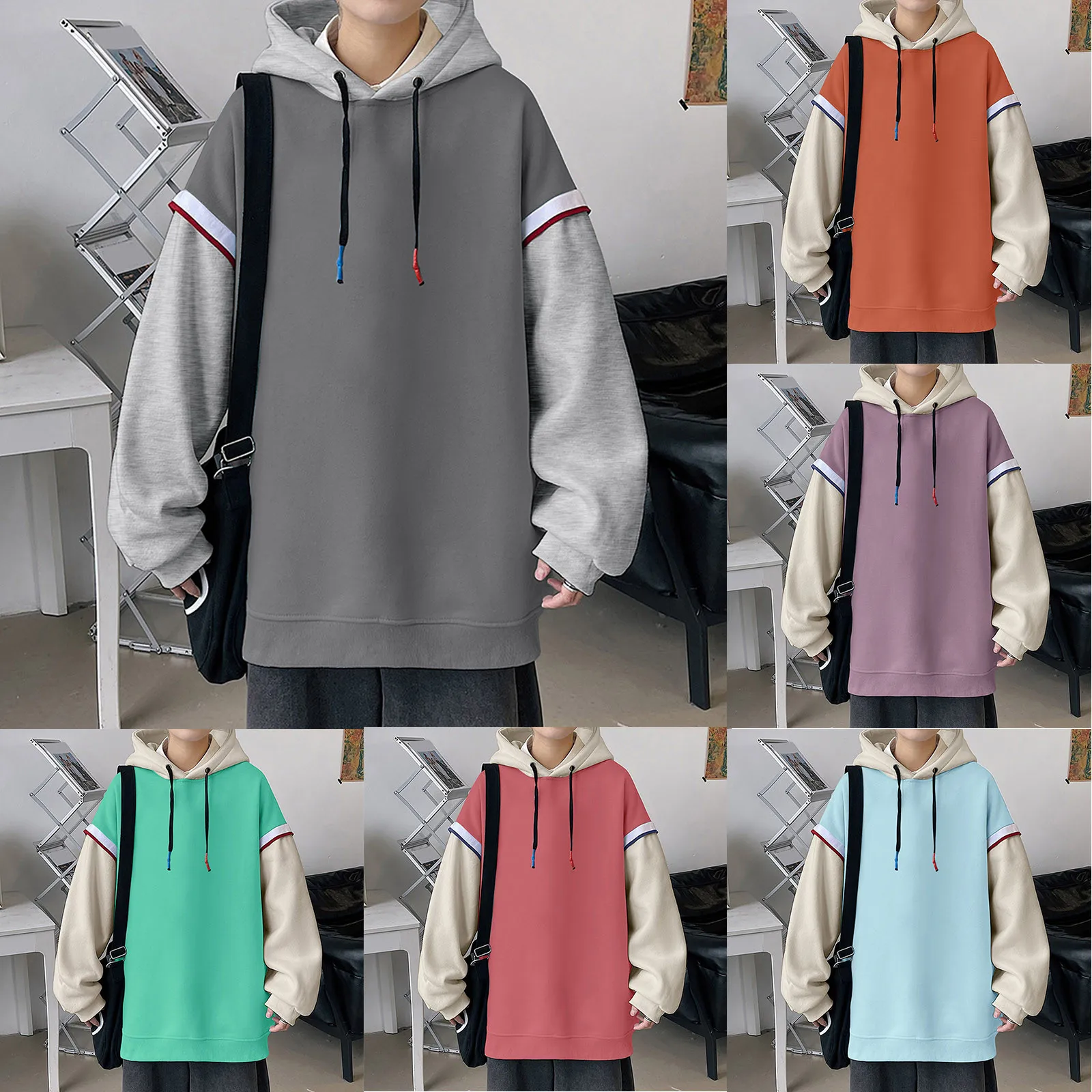 

Mens Fashion Casual Simple Fake Two Piece Pullover Hooded Sweater Long Sleeve Top House Boy House Memory Indoor Warm Slipper