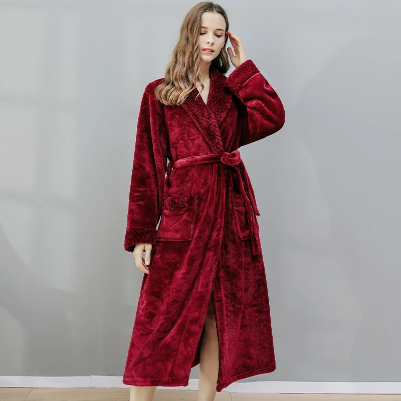 Man Women Winter Nightgown Bathrobe Flannel Long Robe Thick Warm Sleepwear For Couple Lovers Wear Pajamas Oversize