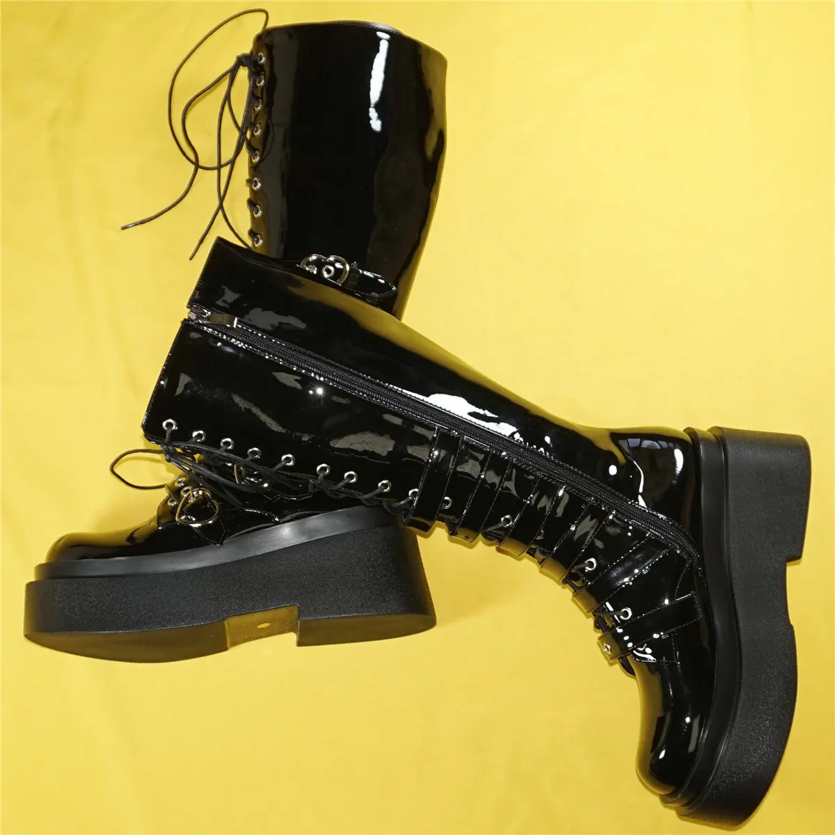 Platform Pumps Shoe Women Lace Up Patent Leather Wedges High Heel Knee High Boots Female Round Toe Fashion Sneakers Casual Shoes