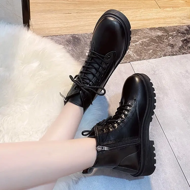 Plus Size 35-43 Women Leather Boots Side Zip Boots Modern Female Fleece Lining Motorcycle Shoes Winter Snow Footwear