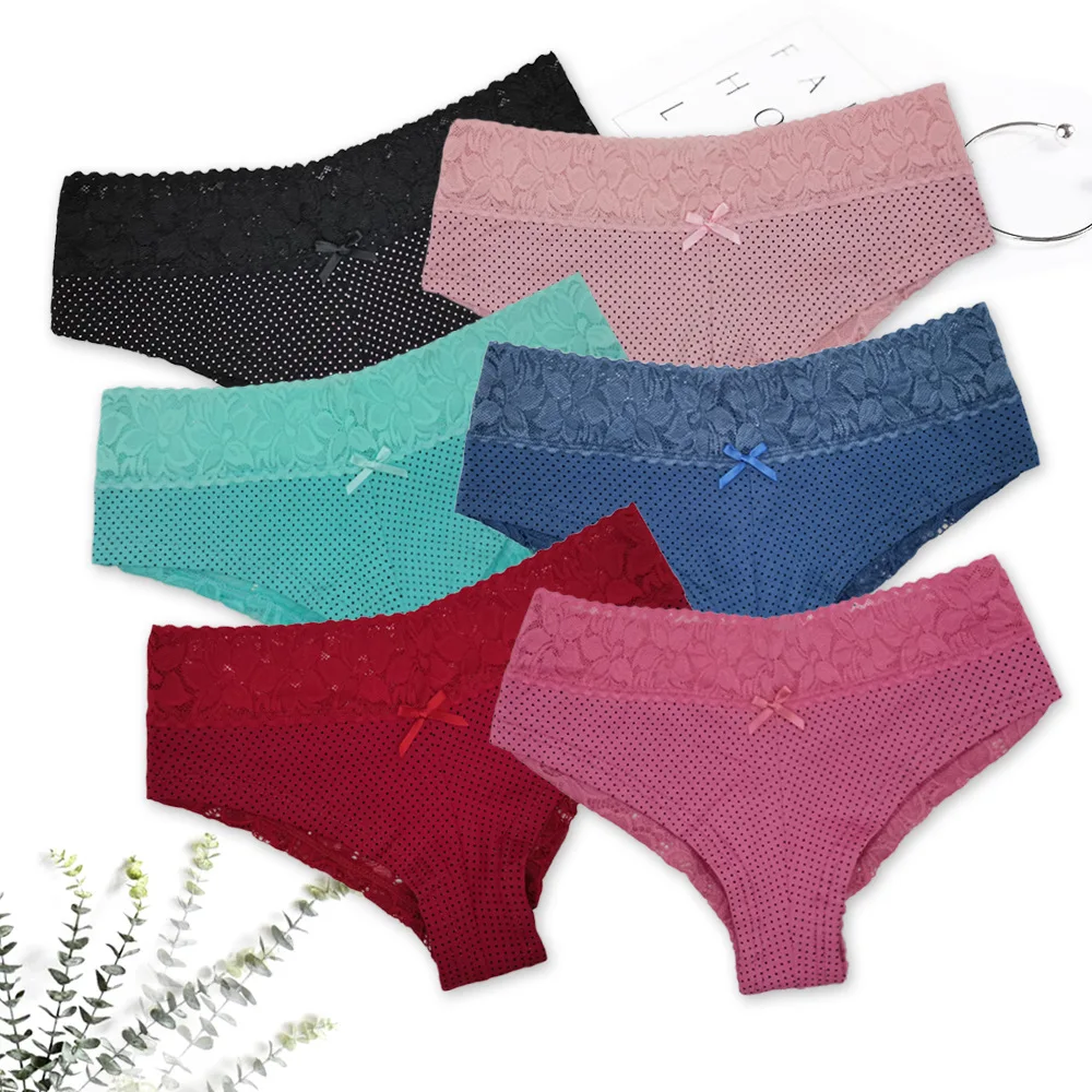 

6Pcs/Lot Sexy Lace Cutout Women's Panties Dot Print Ladies Briefs Comfort Underwear Low-Rise Underpants Fashion Knickers M-XL