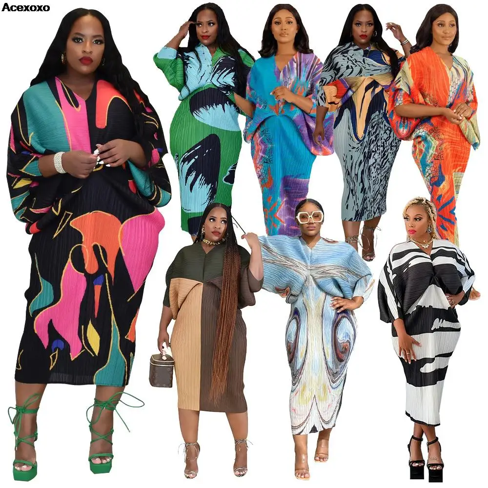 

European and American women 2022 autumn hot V-neck batsleeve printed dress