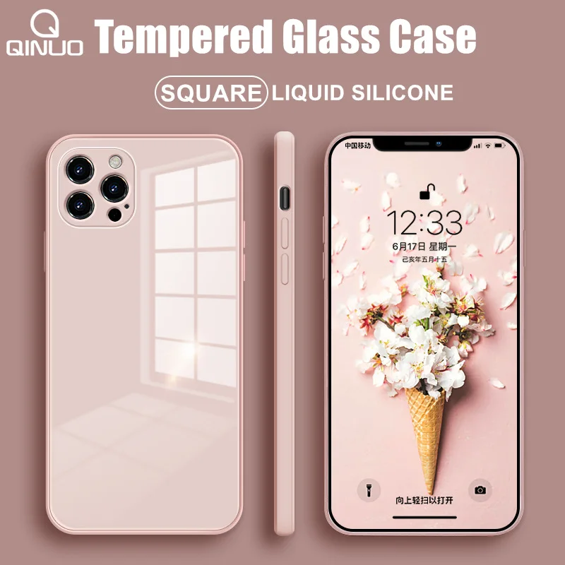 

luxury Square Tempered Glass Case For iPhone 12 Mini 13 Pro 11 Pro Max SE 2 X XR XS Max 8 7 Plus Anti-knock Liquid Silicone Case