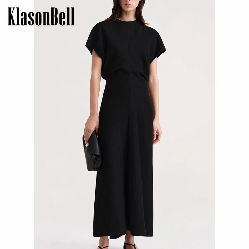 

3.23 KlasonBell Temperament Elegant Linen Blend Ruched Collect Waist Design Black Long Dress Women