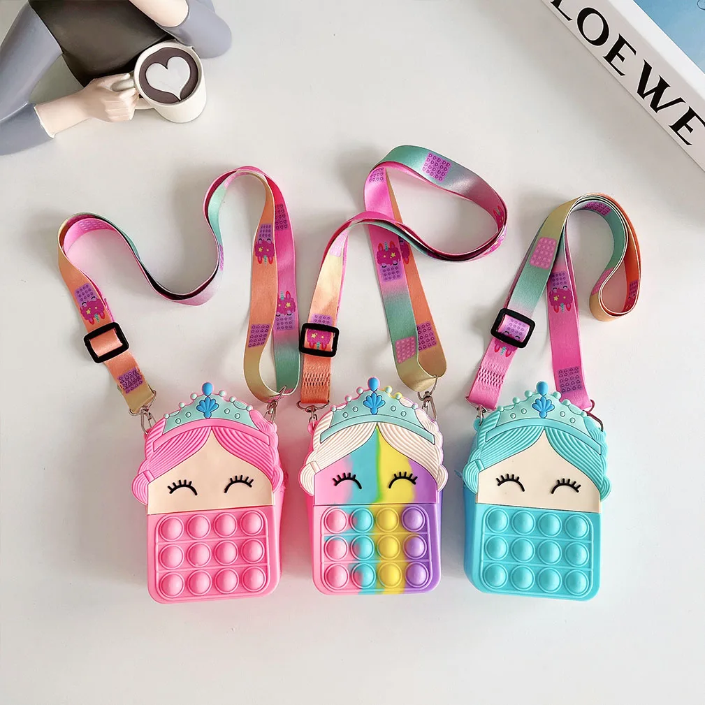 

Hot Fidget Toys Push Bubbles Toy Rainbow Princess Silicone Bag for Girls Kids Anti Stress Coin Purse Simple Dimple Crossbody Bag