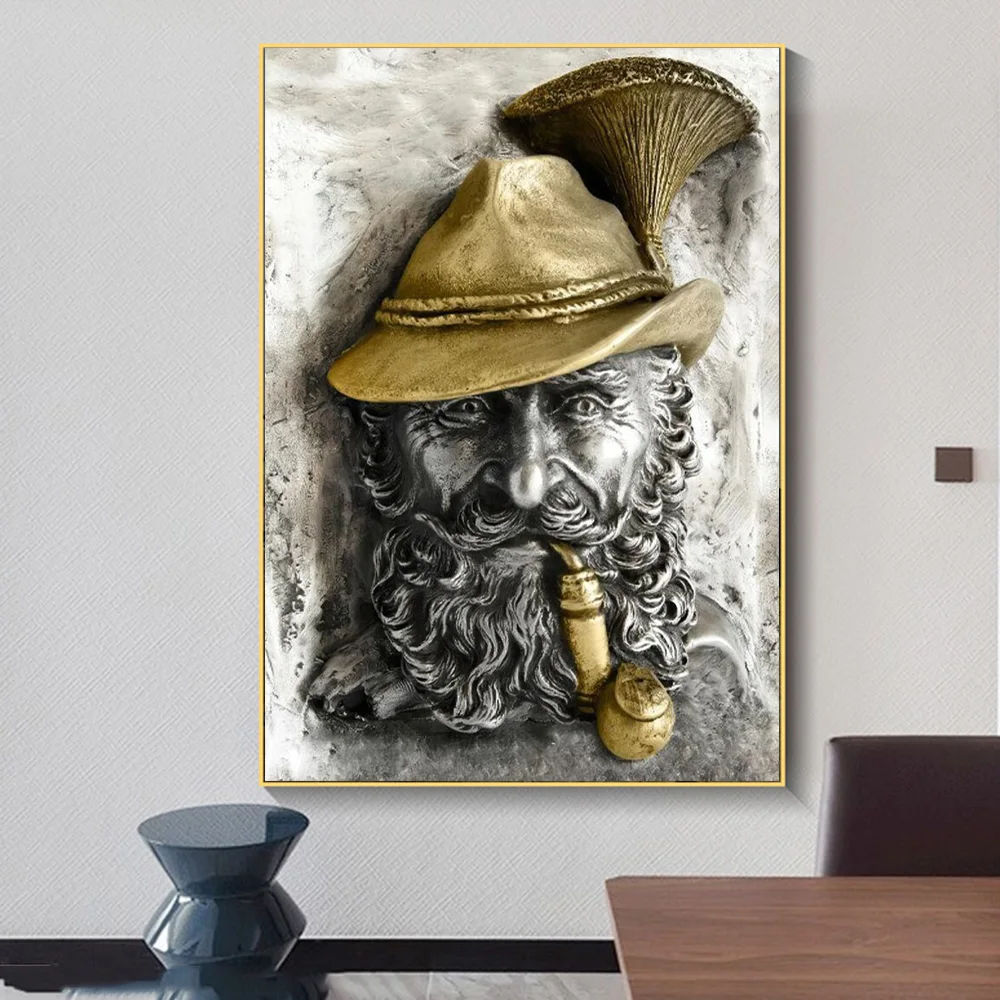 

Pipe Smoker With Golden Hat Nordic Decor Poster And Prints 3d Wall Art Flower Pigeon Canvas Painting For Modern Living Room