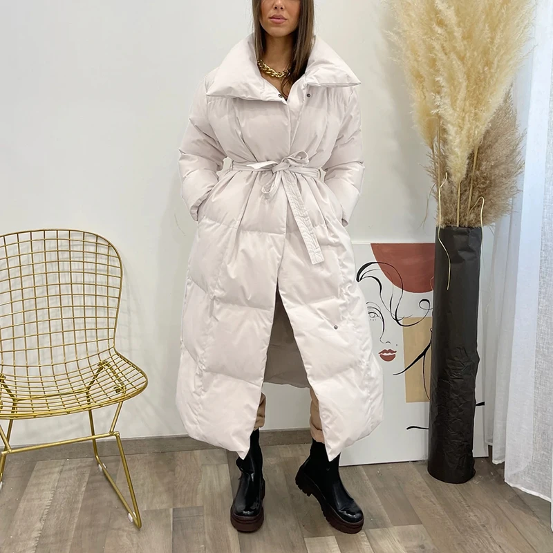 Malina Thick Loose Parkas Women Fashion Solid Covered Button Coats Women Elegant Tie Belt Long Cotton Jackets Female Ladies