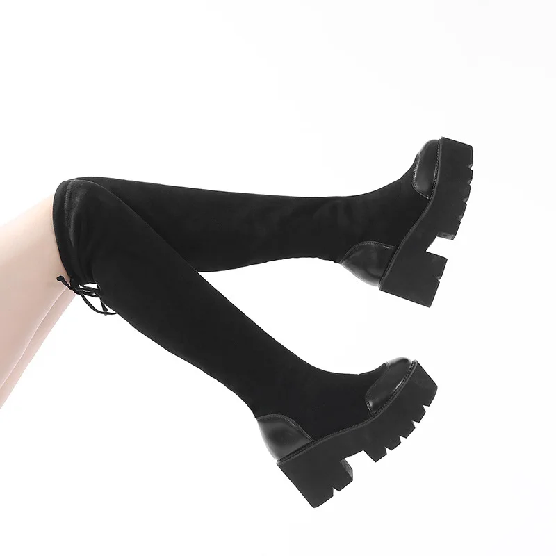 Fashion Knee High Boots for Women Chunky Platform Heel Thigh High Boots Slip On Stretch Boot Female Autumn Winter Shoes Size 43