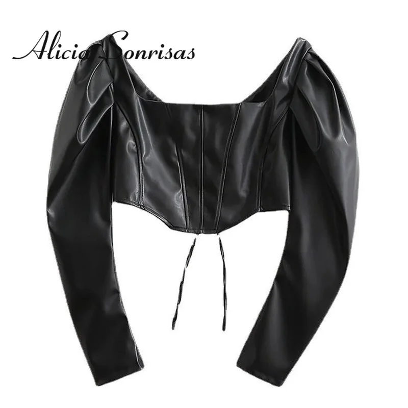 

Sexy 2022 Spring Autumn Women PU Short Leather Shirts Solid Black Long Sleeve Straps Backless Trendy Square Neck Popular Top