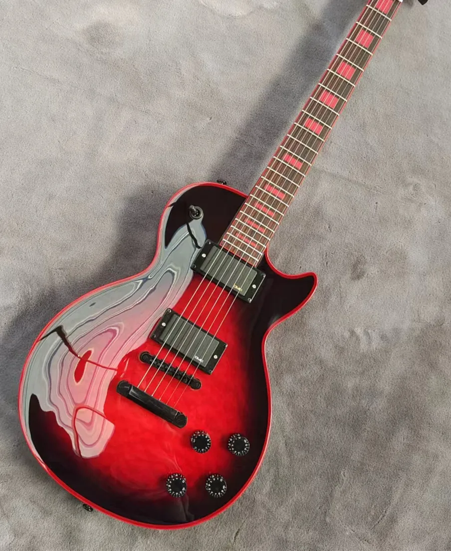 

Customized electric guitar, mahogany, big flower, red logo and binding, red pearl inlay, black EMG cartridge and accessories, st
