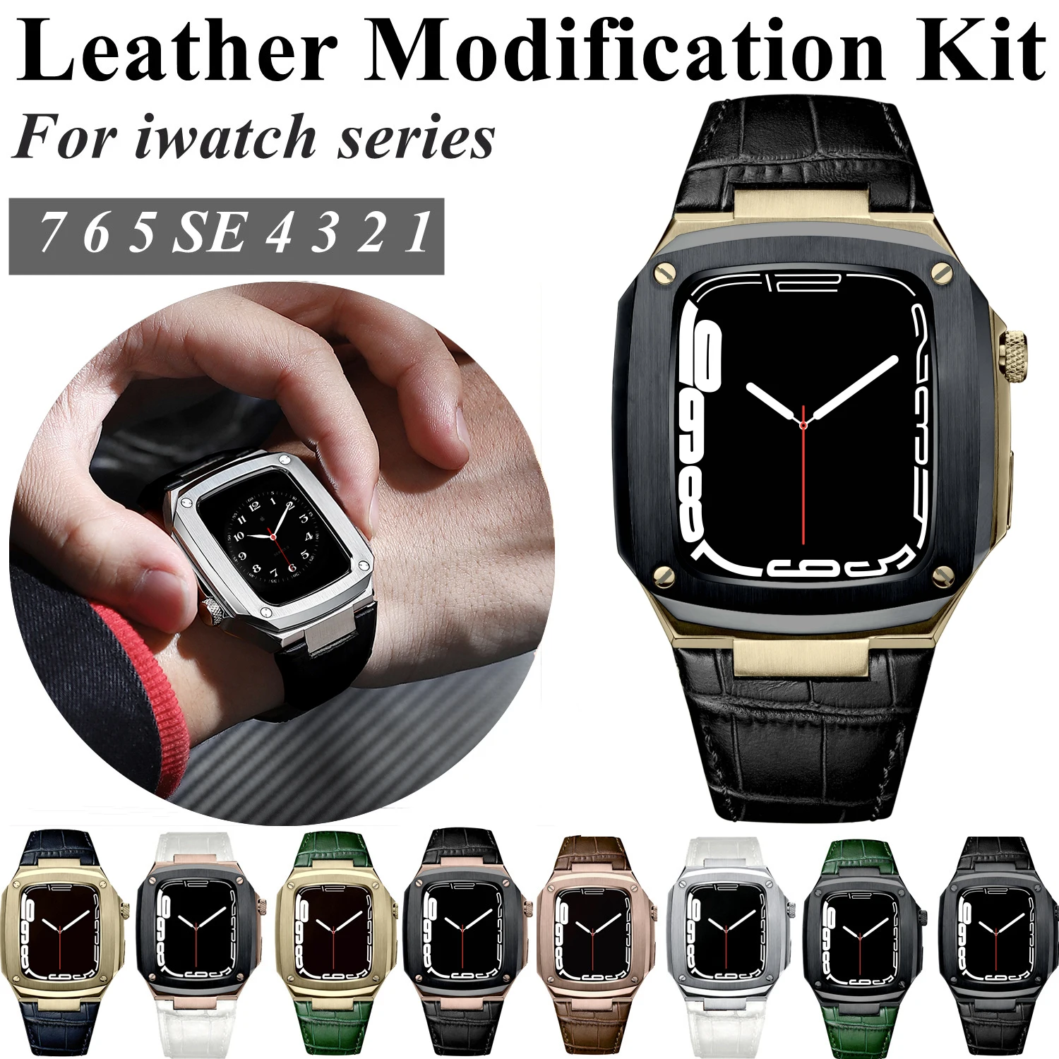 

Luxury Modification Noble Metal for Apple Watch Band 7 45mm 44mm Leather Stainless Steel Strap for IWatch Series 6 SE 5 4 3 40mm