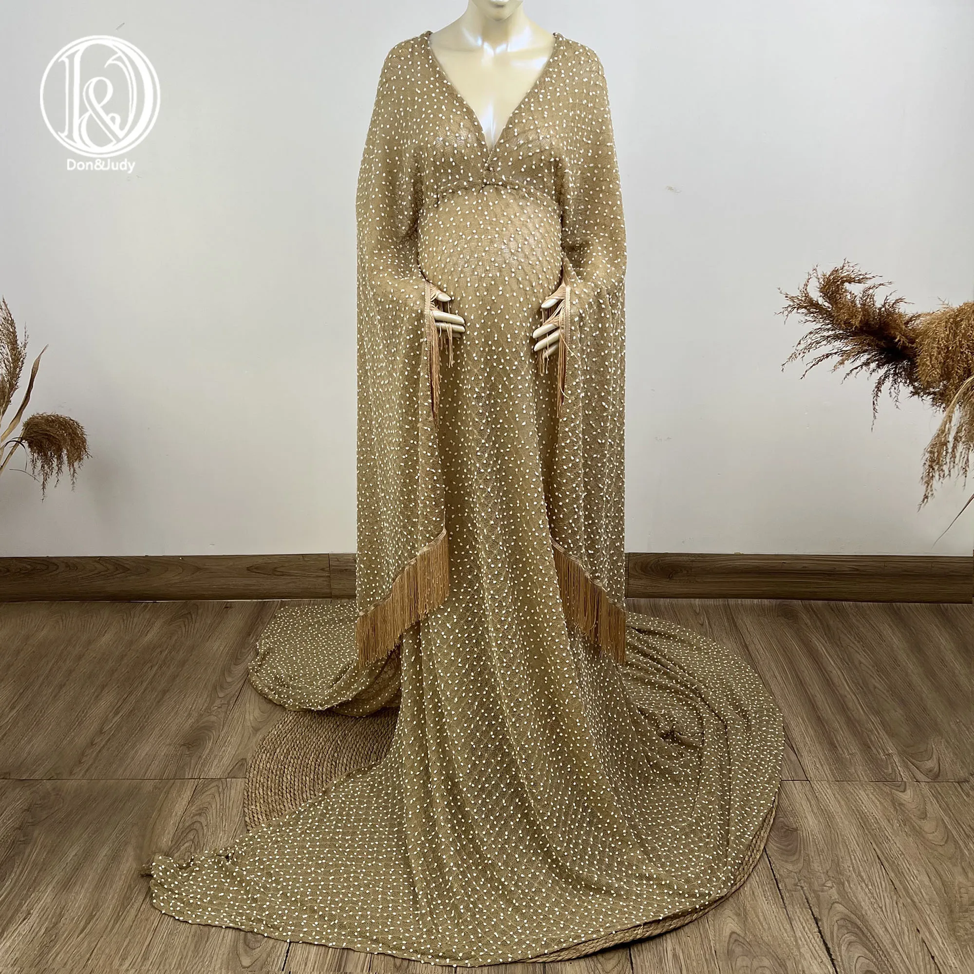 Don&Judy Maxi Long Dot Maternity Dress with Cape Boho Photography Gown for Photo Shoot Pregnancy  Women Clothes