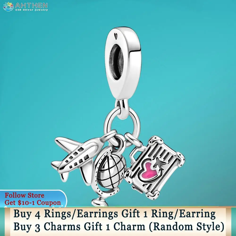 

Ahthen 925 Sterling Silver Beads Airplane, Globe & Suitcase Dangle Charm fit Original Pandora Bracelets for Women Jewelry Making