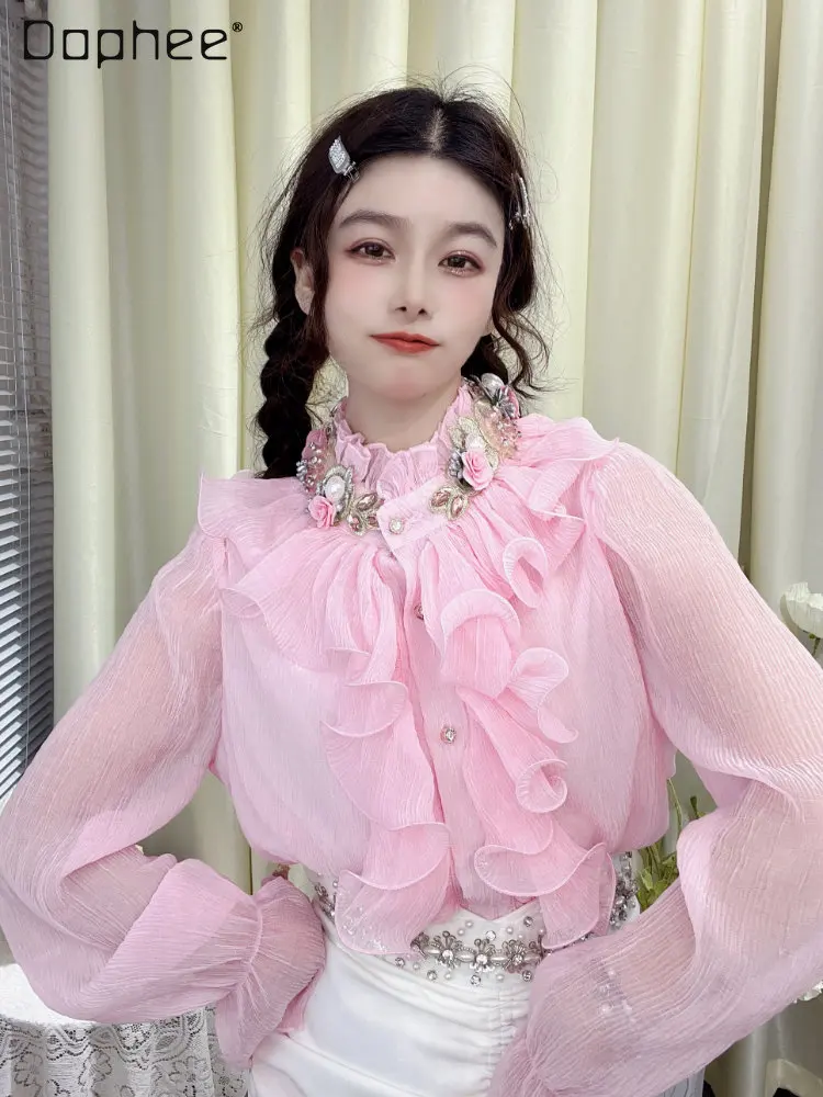 

Woman Flower Rhinestone Beaded Stringy Selvedge Stand Collar Ruffle Top Fairy Single-Breasted Long Flare Sleeve Blouse Women