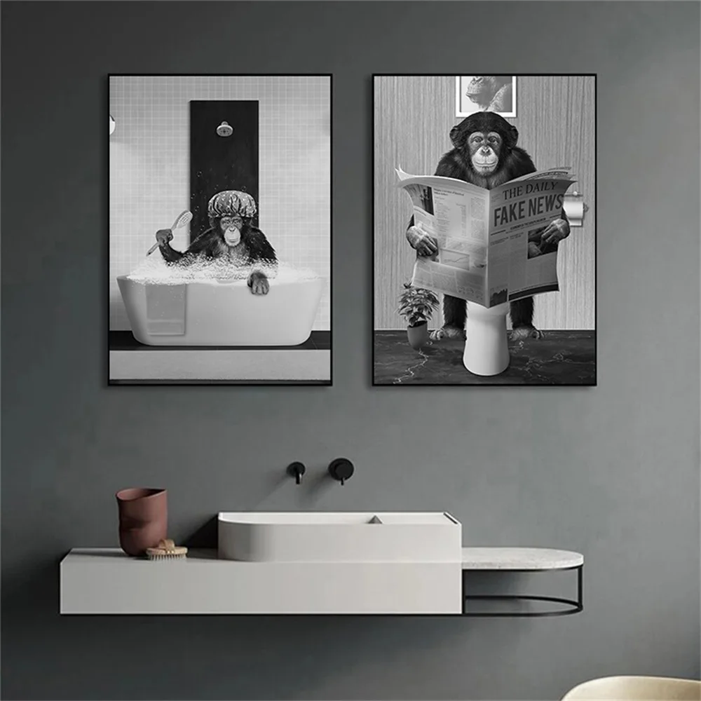 

Funny Monkey Bathtub Animal Reading Newspaper Poster Print Canvas Painting Black And White Wall Art for Bathroom Home Decoration
