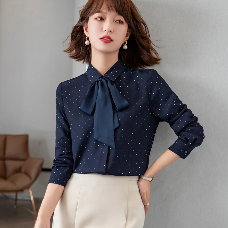 

Шифоновые свободные женские рубашки, новая модная блузка, повседневный Топ с длинным рукавом, летняя блузка в горошек с пуговицами и бантом