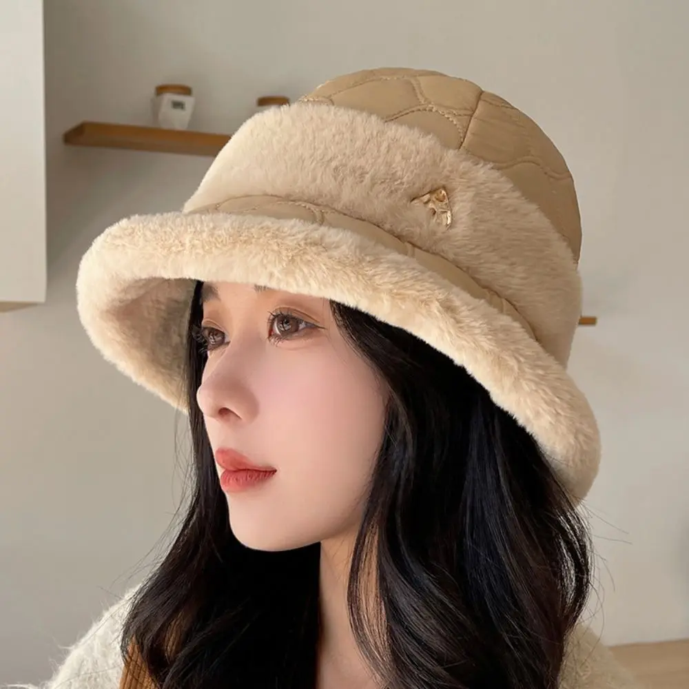

Outdoor Women Thick Warm Faux Fur Fisherman Cap Panama Hat Plush Bucket Hat Sun Cap
