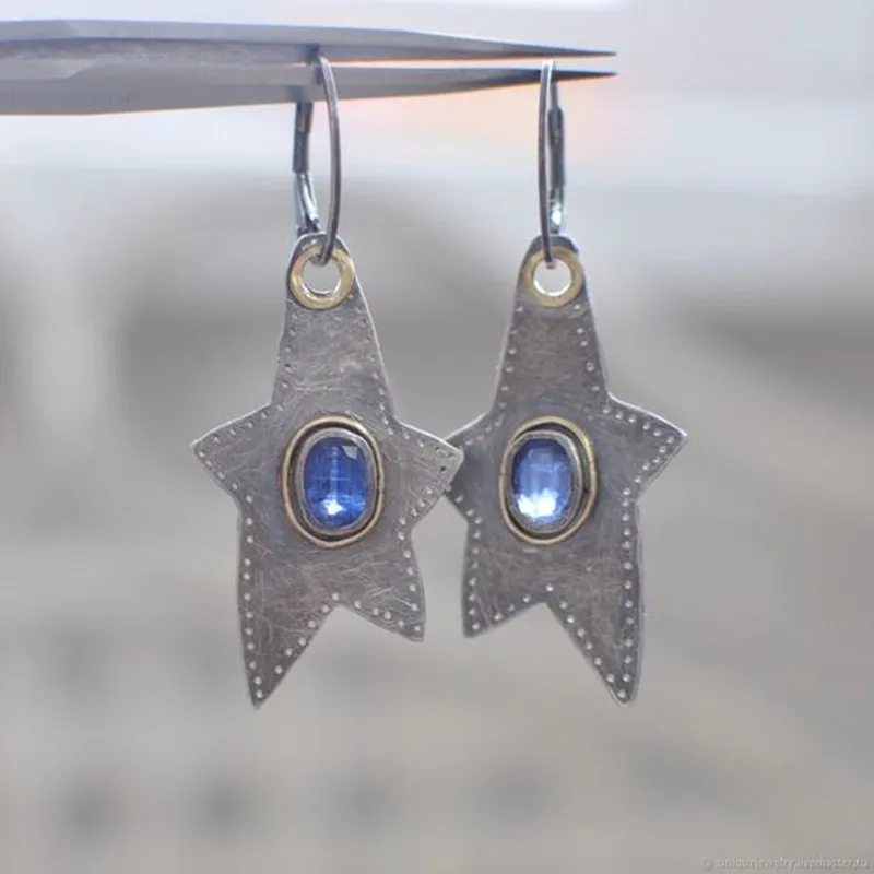 

Vintage Irregular Pentagram Silver Color Engraving Pattern Earring Personality Inlaid Blue Crystal Pendant Women Bridal Earrings