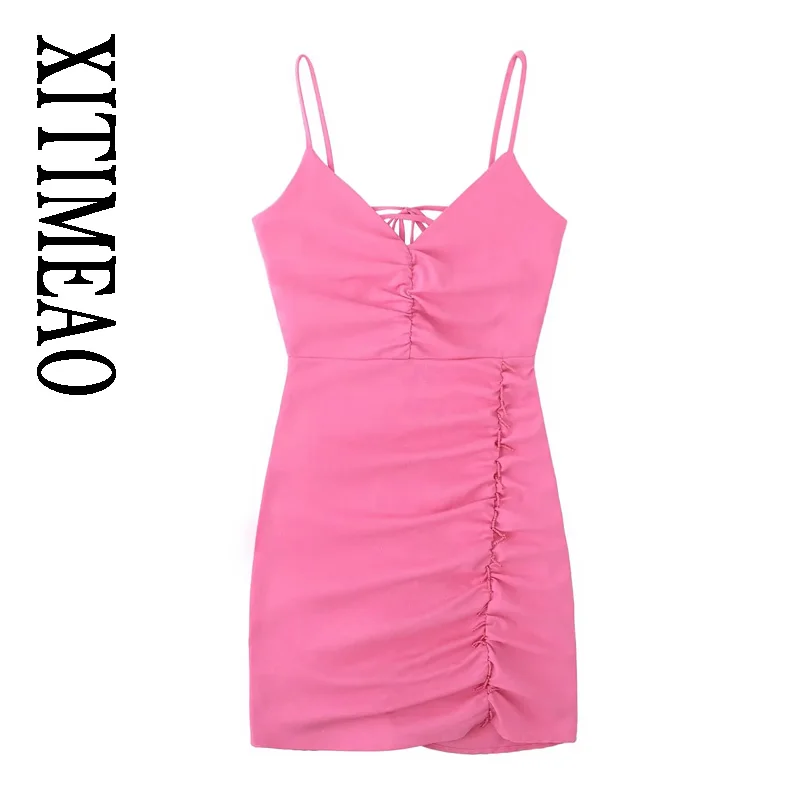 

XITIMEAO Women Fashion With Beaded Draped Linen Mini Dress Vintage Backless Side Zipper Tied Thin Straps Female Dresses Vestidos